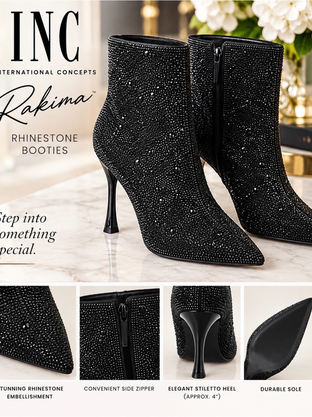 INC International Concepts Black Rhinestone Embellished Stiletto Ankle Boots